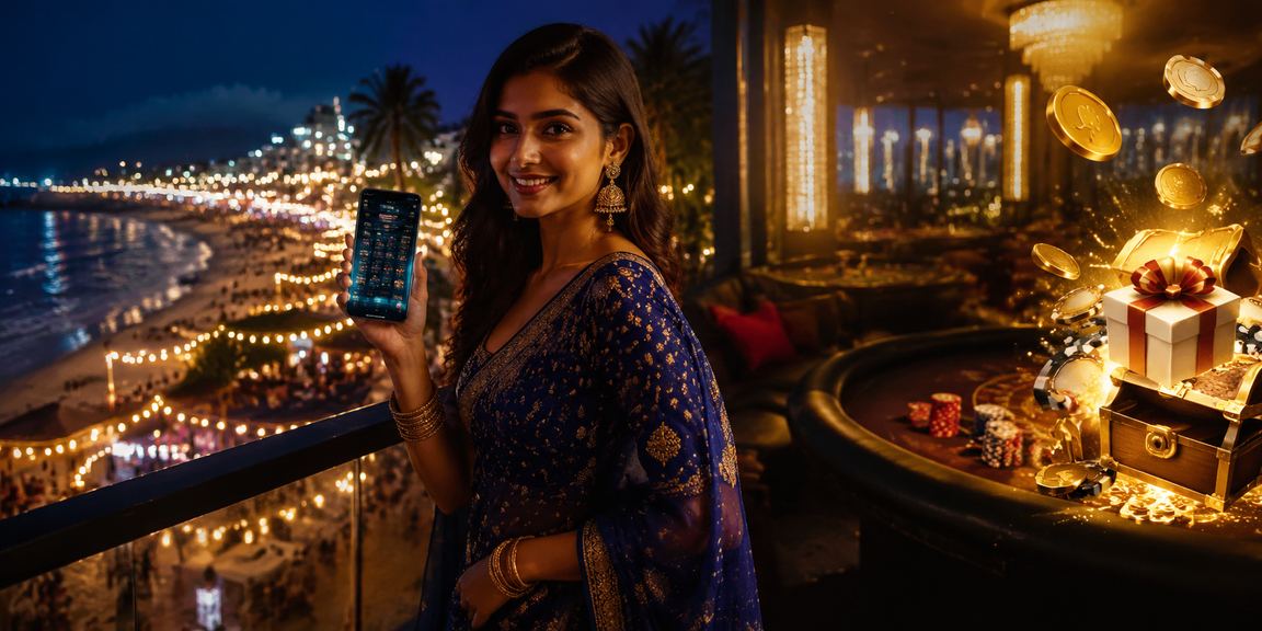 Indian player enjoying live casino games on mobile by the beach