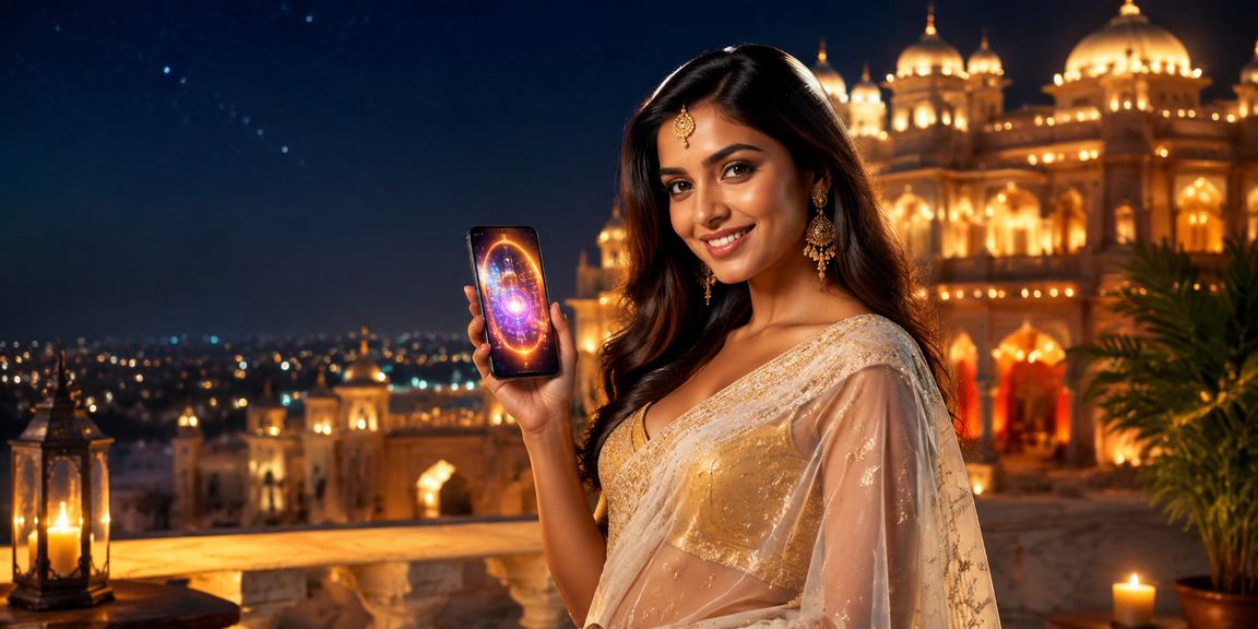 Indian woman enjoying mobile casino app in saree