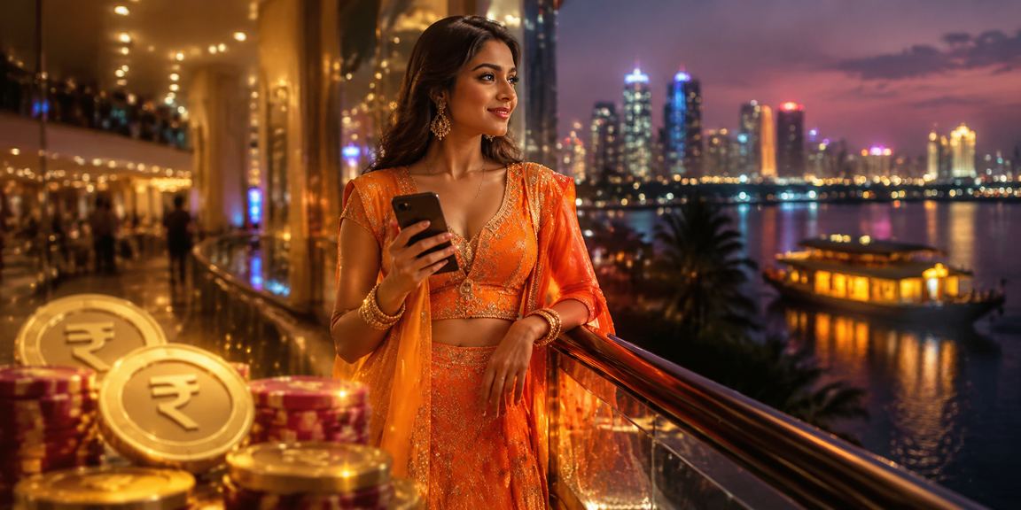 Player enjoying Teen Patti on mobile app next to Kerala backwaters with classical rupee symbol